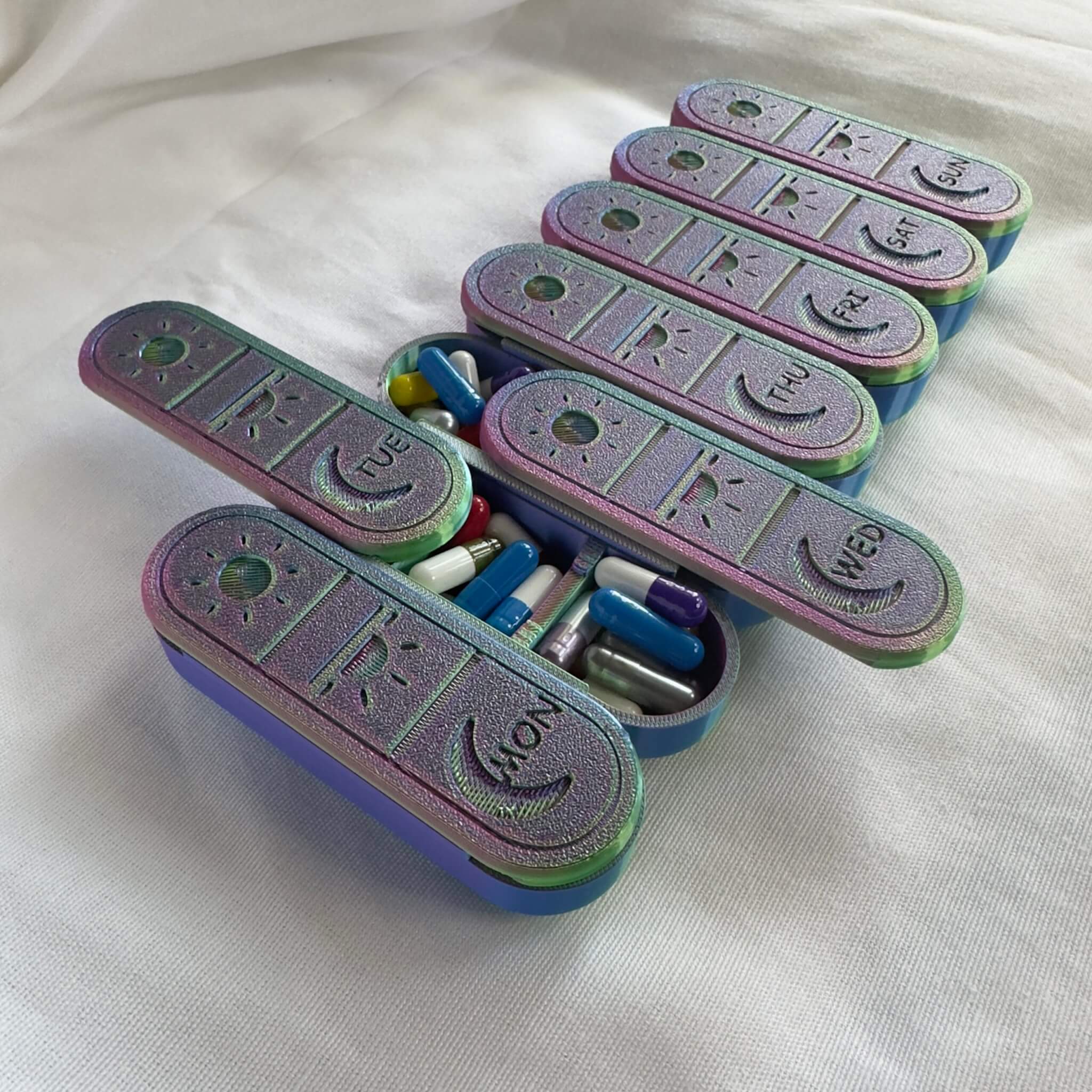 IMG_3332 Iridescent Pill Box: 3-Time-a-Day Weekly Medicine Organizer - Image 1