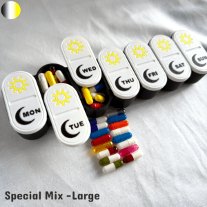 A large-sized 3D printed pill organizer displayed in a special multicolor mix including bright contrasting lids and a spacious box base. The compartments are oversized to accommodate large capsules, gummies, or multiple supplements per day. Each sliding lid shows engraved weekday labels and sun icons, emphasizing the custom mixed-color design and premium handmade finish.