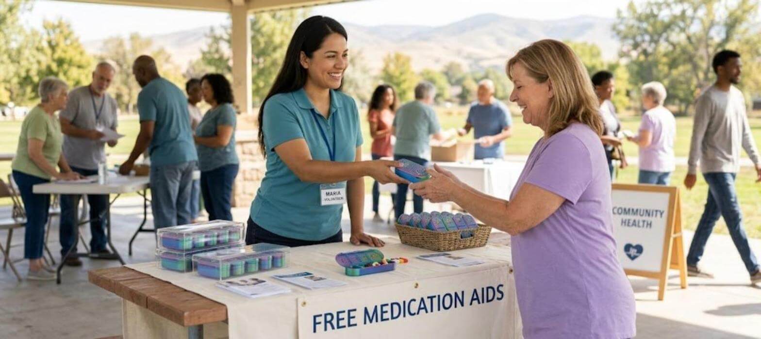 Free Medication Aids table — your membership helps stock boxes for people who can't afford their meds