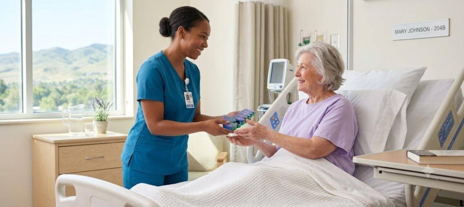 A nurse giving a patient their clearly organized USACUTTIE pill box