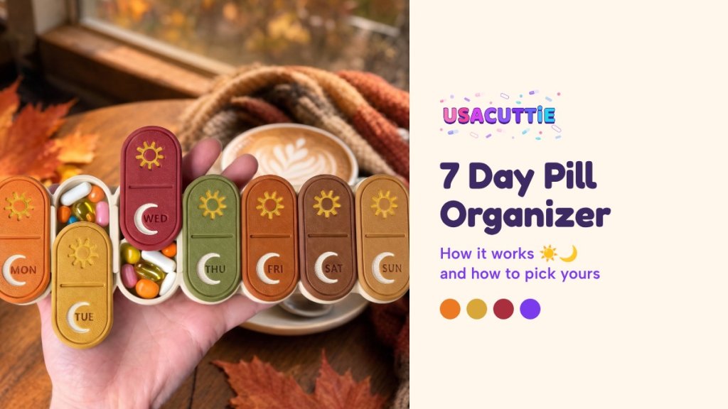 Hand holding a 7 day pill organizer with fall-colored sun and moon lids, MON to SUN