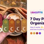 Hand holding a 7 day pill organizer with fall-colored sun and moon lids, MON to SUN