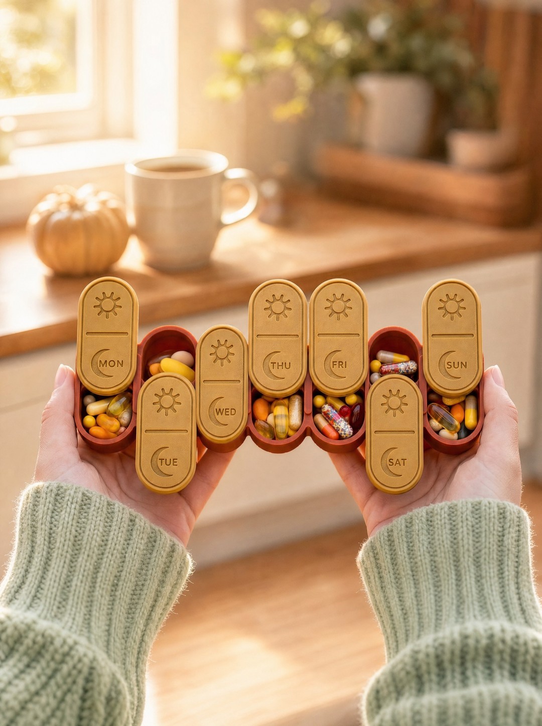 Hands holding a 7 day pill organizer with mustard lids and colorful pills in a sunny kitchen