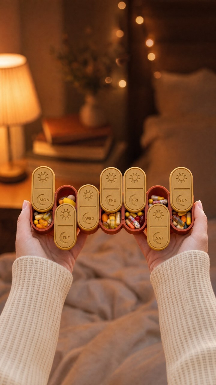 7 day AM PM pill box with sun and moon lids held in a cozy bedroom at night