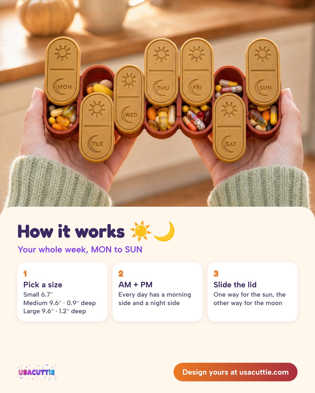 How a 7 day pill organizer works: pick a size, AM and PM sides, sliding lids