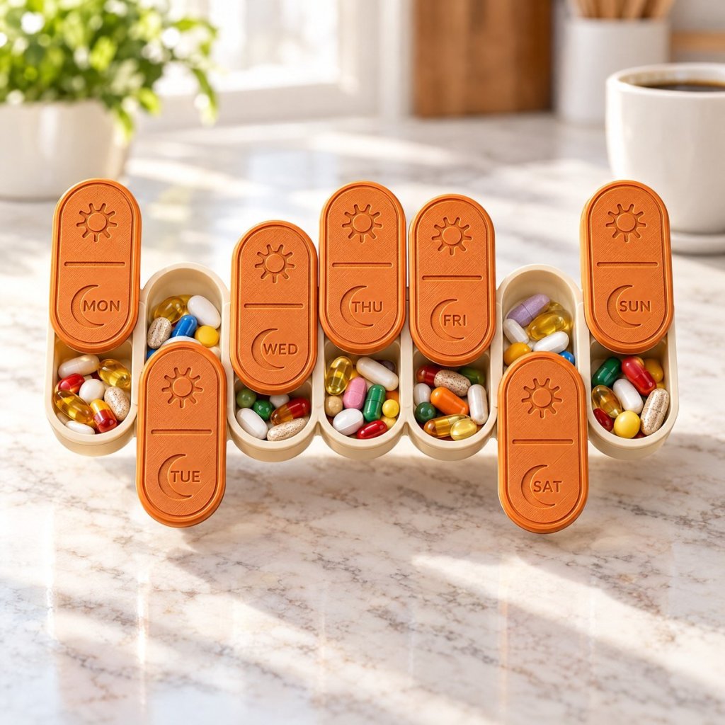 Pumpkin orange 7-day AM/PM pill organizer with sun and moon lids, filled with colorful pills on a kitchen counter