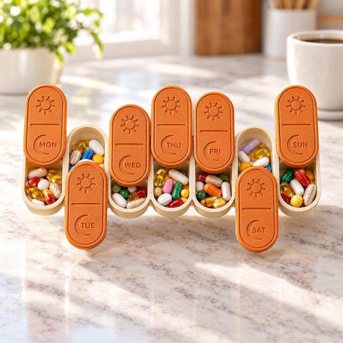Pumpkin orange 7-day AM/PM pill organizer with sun and moon lids, filled with colorful pills on a kitchen counter