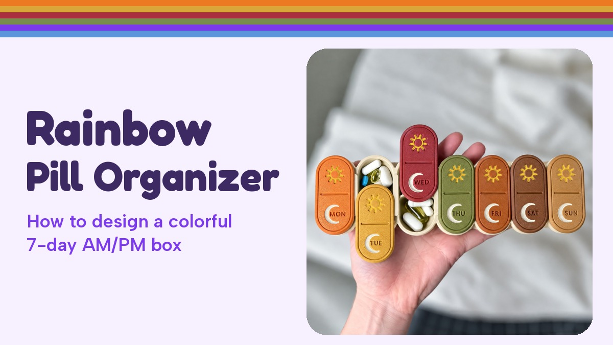 Hand holding a 7-day AM/PM pill organizer with seven different fall-colored lids and sun and moon icons