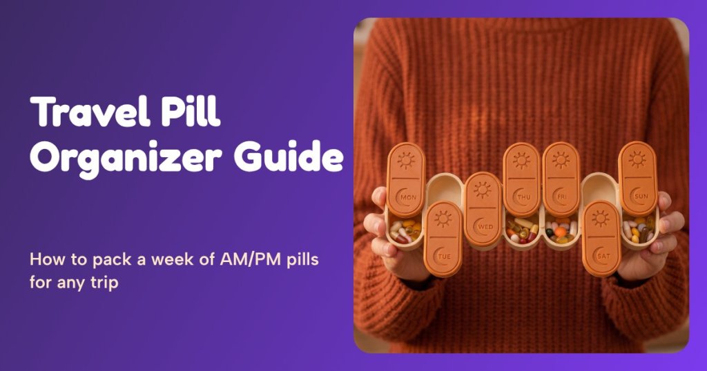 Travel pill organizer: pumpkin 7-day AM/PM pill box filled with colorful pills