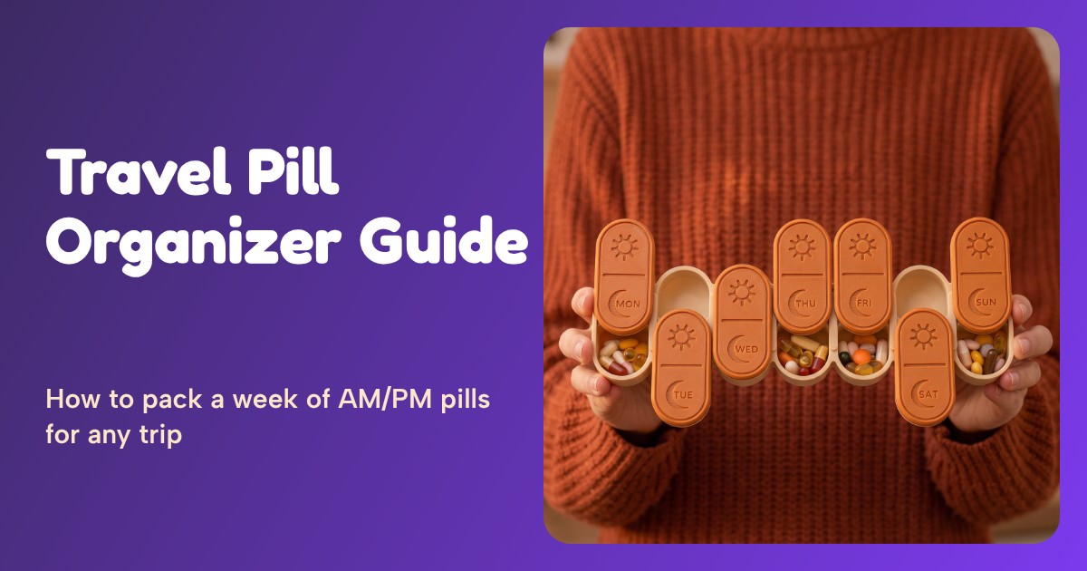 Travel pill organizer: pumpkin 7-day AM/PM pill box filled with colorful pills