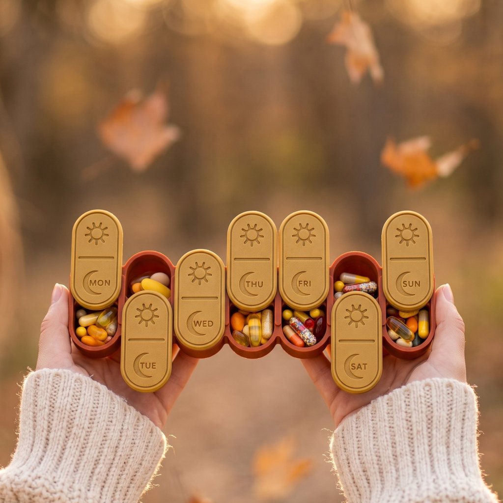 Cute 7-day AM/PM pill organizer with mustard yellow lids and colorful pills
